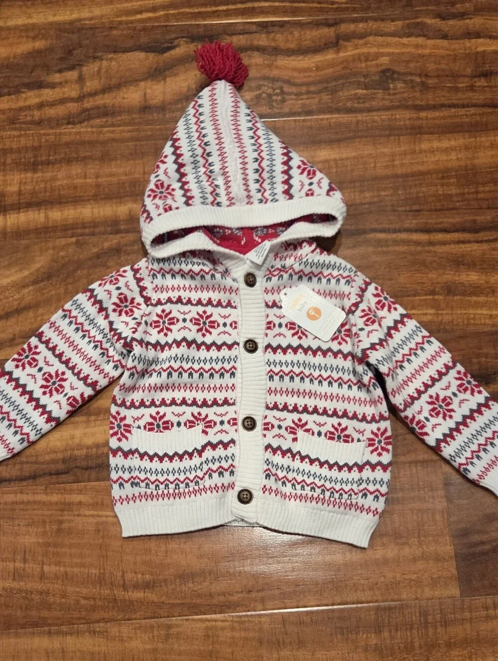 Gymboree NWT 6-12 Months White/Gray/Red Fair Isle Hooded Sweater